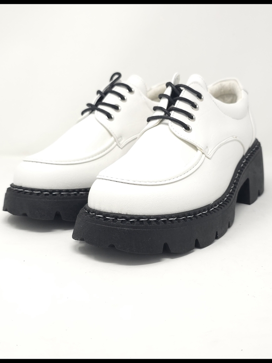 Forever Link Shoes - White Patent Brogue Lace up Faux Leather Loafers Chunky Black Lug Sole Oxfords